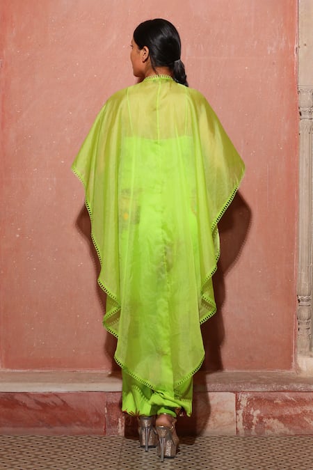 Shop_Ankur J_Green Cape Organza Printed Architectural Jumpsuit Leaf Neck With_at_Aza_Fashions