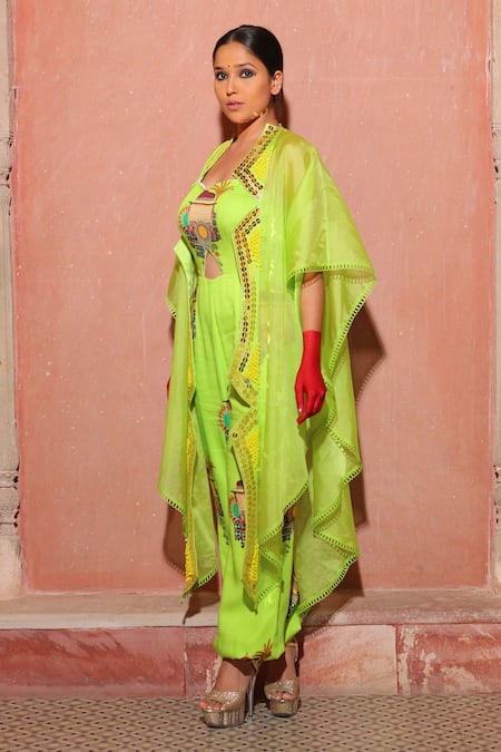 Ankur J_Green Cape Organza Printed Architectural Jumpsuit Leaf Neck With_Online_at_Aza_Fashions