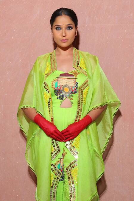 Buy_Ankur J_Green Cape Organza Printed Architectural Jumpsuit Leaf Neck With_Online_at_Aza_Fashions