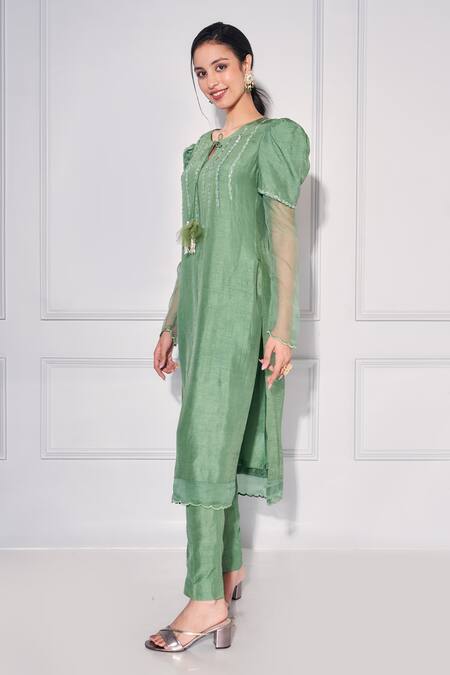 Kressa_Green Organza, Silk Embroidery Round Neck Tasselled Tie Straight Kurta With Pant_Online_at_Aza_Fashions