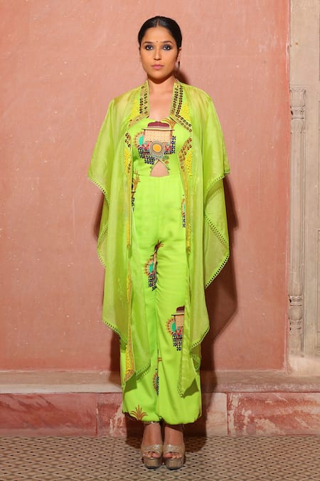 Ankur J_Green Cape Organza Printed Architectural Jumpsuit Leaf Neck With_at_Aza_Fashions