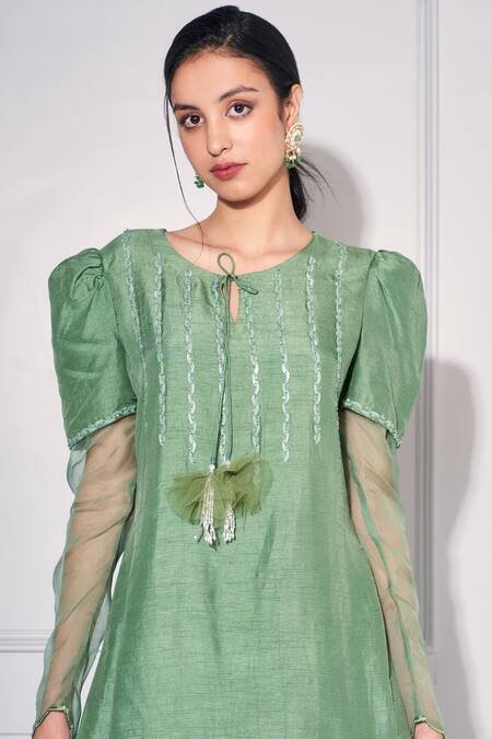 Buy_Kressa_Green Organza, Silk Embroidery Round Neck Tasselled Tie Straight Kurta With Pant_Online_at_Aza_Fashions