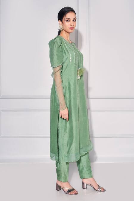 Kressa_Green Organza, Silk Embroidery Round Neck Tasselled Tie Straight Kurta With Pant_at_Aza_Fashions
