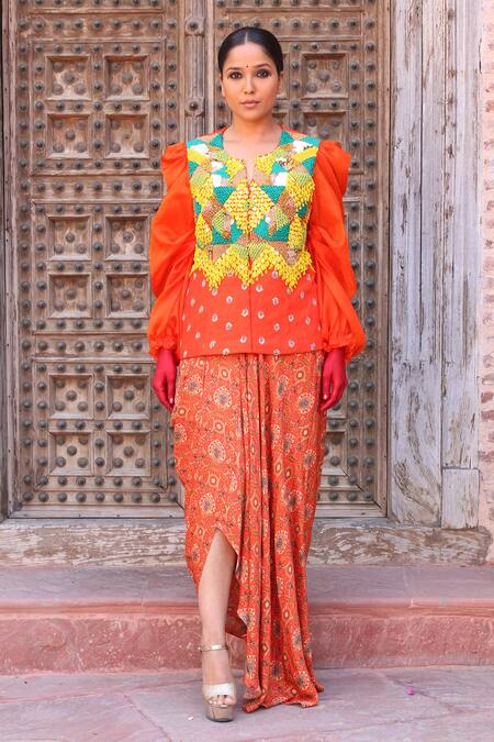 Ankur J_Orange Jacket Cotton Silk Printed Zardozi Embroidered And Draped Skirt Set_Online_at_Aza_Fashions