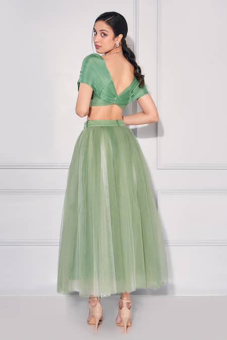 Shop_Kressa_Green Net, Crepe, Georgette Sequins Square Neck Pleated Draped Top With Skirt _at_Aza_Fashions