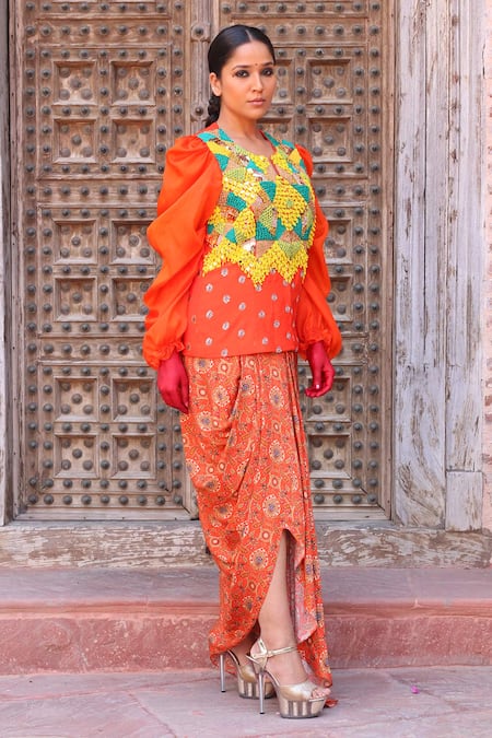 Buy_Ankur J_Orange Jacket Cotton Silk Printed Zardozi Embroidered And Draped Skirt Set_Online_at_Aza_Fashions
