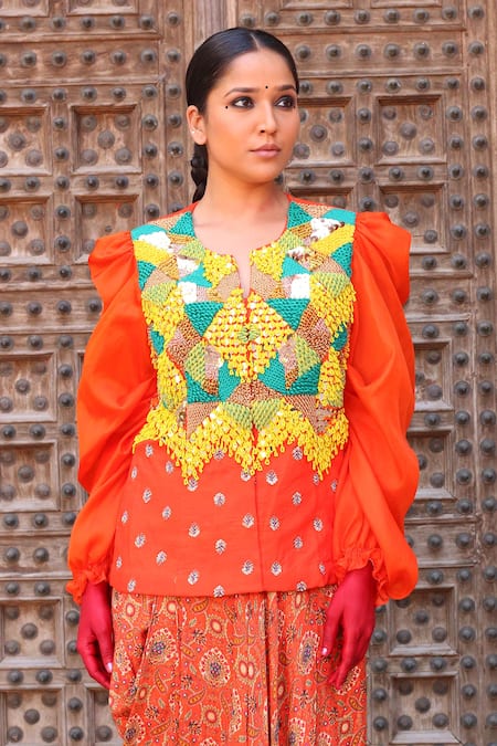Shop_Ankur J_Orange Jacket Cotton Silk Printed Zardozi Embroidered And Draped Skirt Set_Online_at_Aza_Fashions