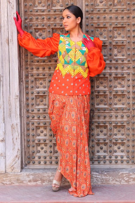 Ankur J_Orange Jacket Cotton Silk Printed Zardozi Embroidered And Draped Skirt Set_at_Aza_Fashions