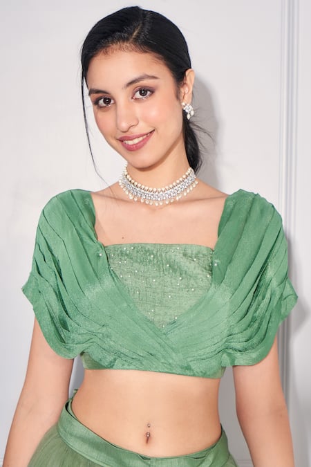 Buy_Kressa_Green Net, Crepe, Georgette Sequins Square Neck Pleated Draped Top With Skirt _Online_at_Aza_Fashions