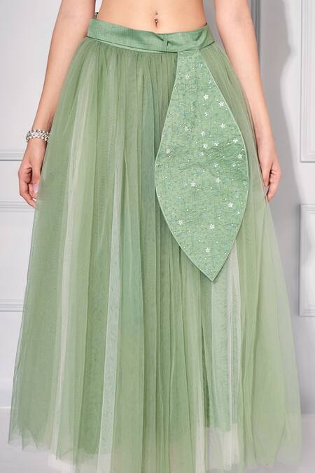 Shop_Kressa_Green Net, Crepe, Georgette Sequins Square Neck Pleated Draped Top With Skirt _Online_at_Aza_Fashions