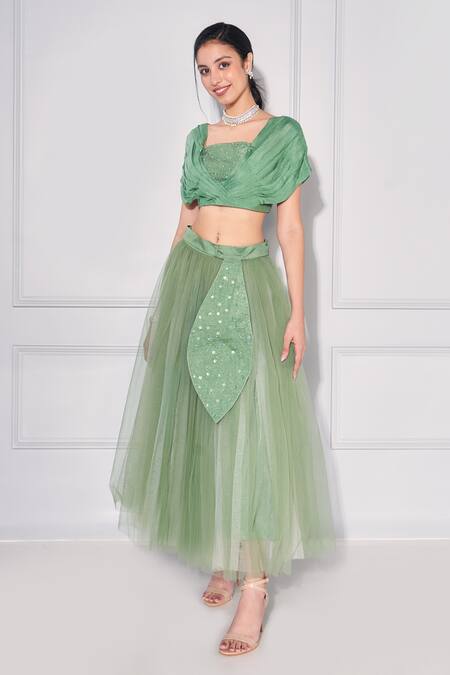 Kressa_Green Net, Crepe, Georgette Sequins Square Neck Pleated Draped Top With Skirt _at_Aza_Fashions