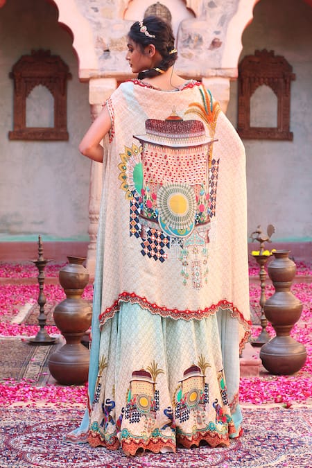 Shop_Ankur J_Blue Blouse Cotton Silk Printed Architectural Cape Open Lehenga Set _at_Aza_Fashions