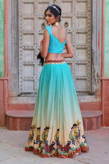 Shop_Ankur J_Blue Blouse Cotton Silk Printed Architectural Cape Open Lehenga Set _Online_at_Aza_Fashions