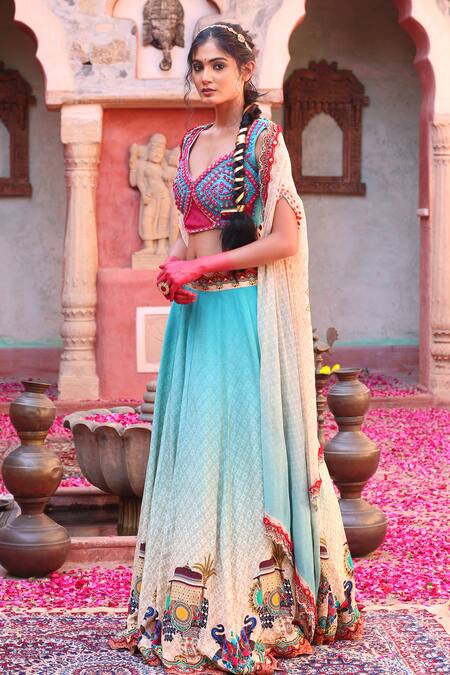 Ankur J_Blue Blouse Cotton Silk Printed Architectural Cape Open Lehenga Set _at_Aza_Fashions