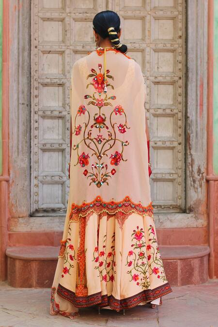 Shop_Ankur J_Red Cotton, Silk, Modal Embroidery Scoop Neck Floral Vine Print Cape Lehenga Set _at_Aza_Fashions