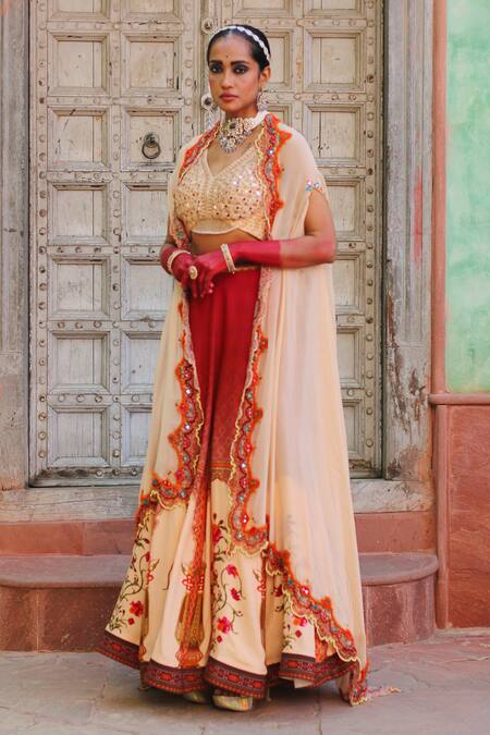 Ankur J_Red Cotton, Silk, Modal Embroidery Scoop Neck Floral Vine Print Cape Lehenga Set _Online_at_Aza_Fashions