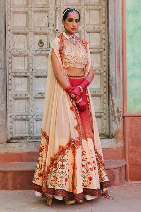 Buy_Ankur J_Red Cotton, Silk, Modal Embroidery Scoop Neck Floral Vine Print Cape Lehenga Set _Online_at_Aza_Fashions