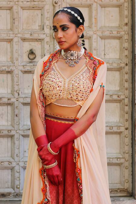 Shop_Ankur J_Red Cotton, Silk, Modal Embroidery Scoop Neck Floral Vine Print Cape Lehenga Set _Online_at_Aza_Fashions