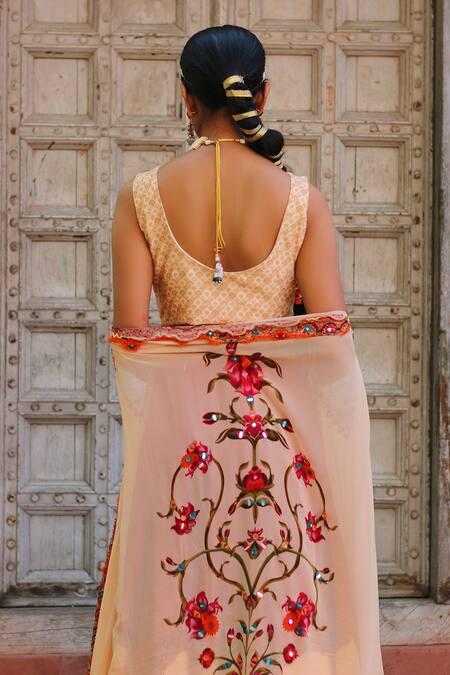 Ankur J_Red Cotton, Silk, Modal Embroidery Scoop Neck Floral Vine Print Cape Lehenga Set _at_Aza_Fashions