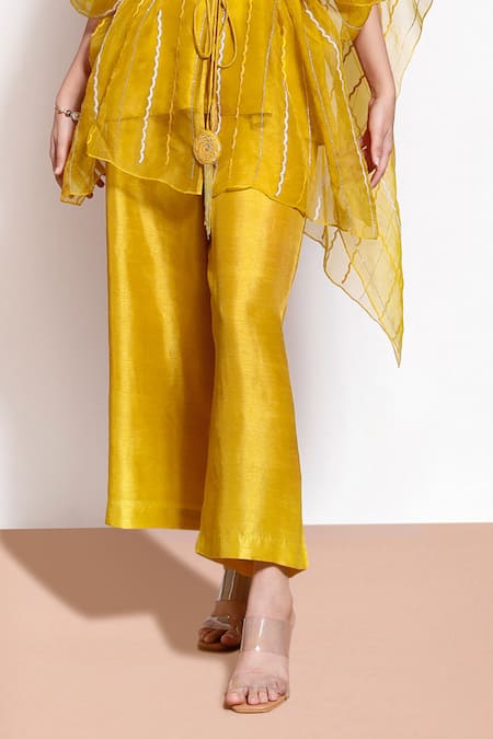 Kressa_Yellow Silk, Organza, Crepe Embroidery Round Neck Embellished Poncho And Pant Set_Online_at_Aza_Fashions