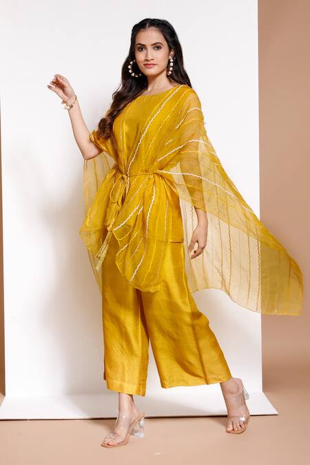 Buy_Kressa_Yellow Silk, Organza, Crepe Embroidery Round Neck Embellished Poncho And Pant Set_Online_at_Aza_Fashions