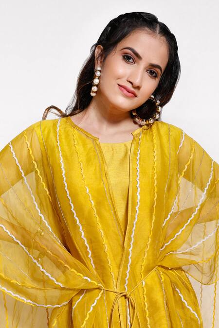 Shop_Kressa_Yellow Silk, Organza, Crepe Embroidery Round Neck Embellished Poncho And Pant Set_Online_at_Aza_Fashions