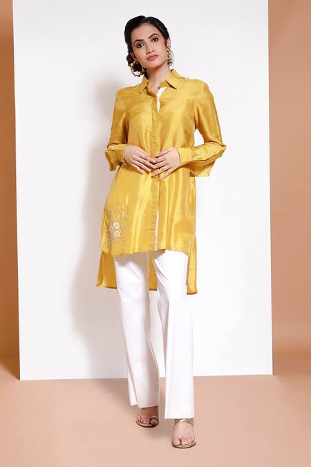 Kressa_Yellow Silk, Cotton, Crepe, Polyester, Lycra Embellished Shirt And Pant Set _Online_at_Aza_Fashions