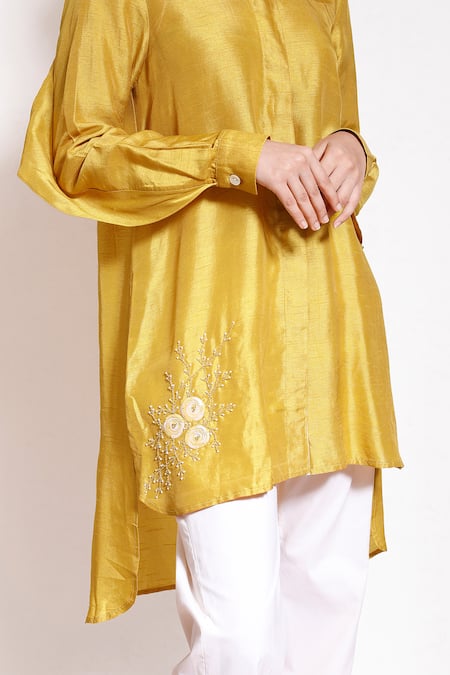 Buy_Kressa_Yellow Silk, Cotton, Crepe, Polyester, Lycra Embellished Shirt And Pant Set _Online_at_Aza_Fashions