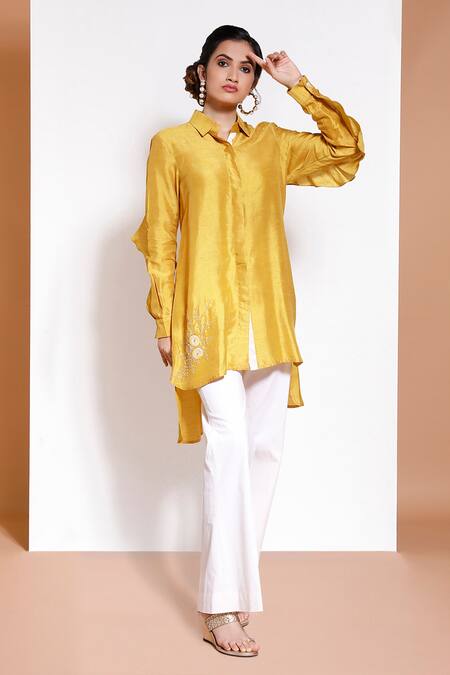 Shop_Kressa_Yellow Silk, Cotton, Crepe, Polyester, Lycra Embellished Shirt And Pant Set _Online_at_Aza_Fashions