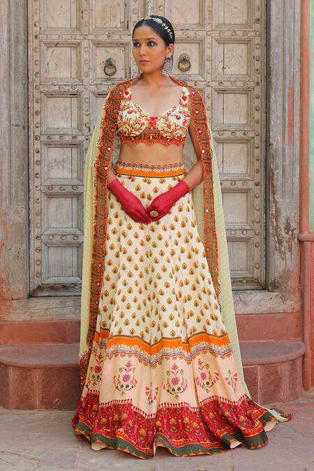 Ankur J_Off White Dupatta Georgette Printed Leaf Sweetheart Neck Lehenga Set _Online_at_Aza_Fashions