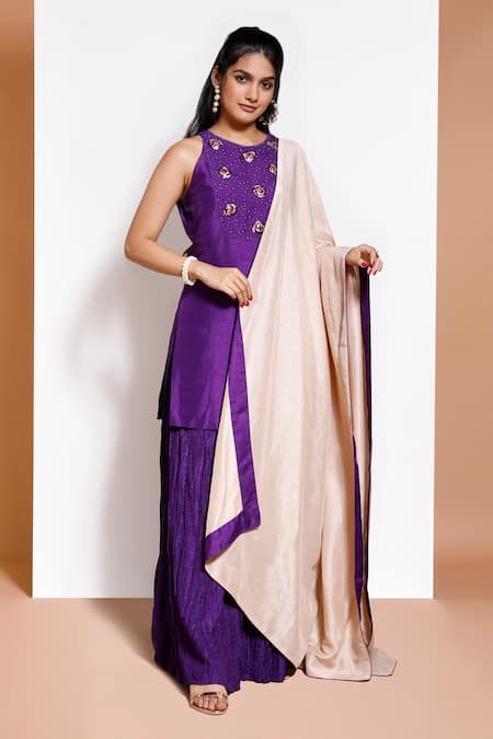 Shop Kressa Purple Silk, Crepe Embroidery Round Neck Floral Embellished Kurta Lehenga Set at Aza Fashions Shop_Kressa_Purple Silk, Crepe Embroidery Round Neck Floral Embellished Kurta Lehenga Set_at_Aza_Fashions