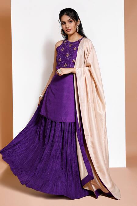 Kressa Purple Silk, Crepe Embroidery Round Neck Floral Embellished Kurta Lehenga Set Online at Aza Fashions Kressa_Purple Silk, Crepe Embroidery Round Neck Floral Embellished Kurta Lehenga Set_Online_at_Aza_Fashions