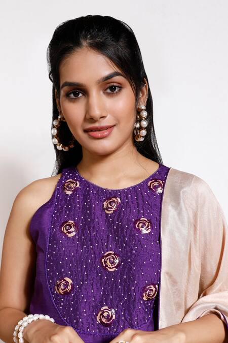 Shop Kressa Purple Silk, Crepe Embroidery Round Neck Floral Embellished Kurta Lehenga Set Online at Aza Fashions Shop_Kressa_Purple Silk, Crepe Embroidery Round Neck Floral Embellished Kurta Lehenga Set_Online_at_Aza_Fashions