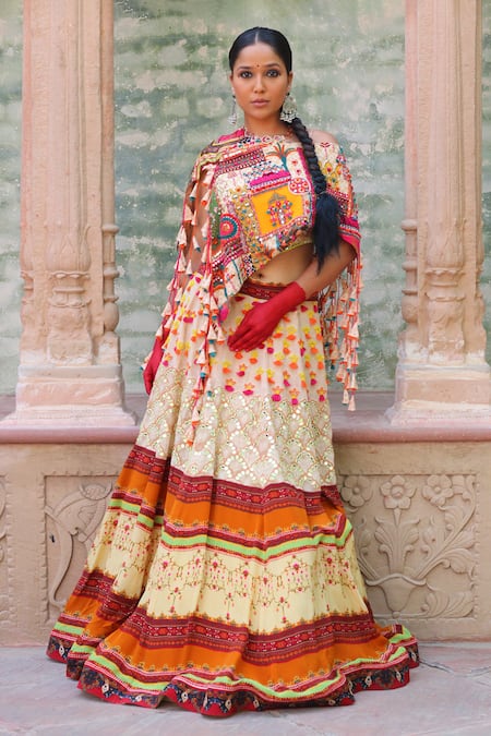 Shop_Ankur J_Multi Color Cape And Bustier Cotton Silk Printed Abstract Asymmetric Lehenga Set _at_Aza_Fashions