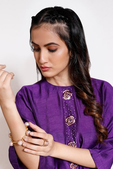 Kressa_Purple Crepe Embellished Floral Round Kurta Set  _Online_at_Aza_Fashions