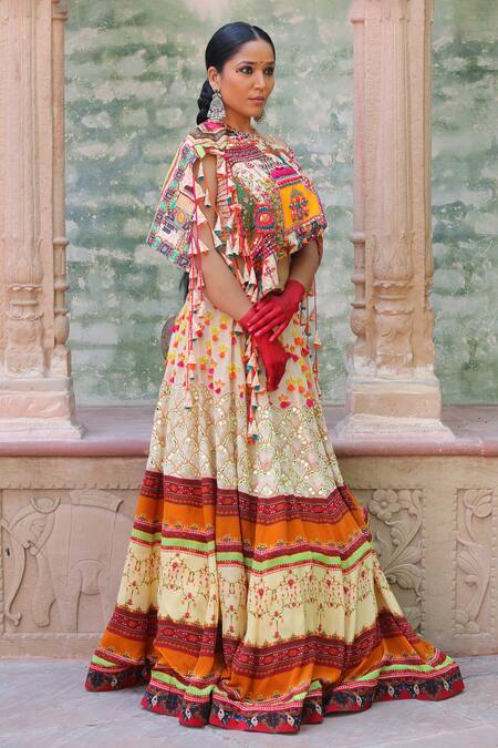 Buy_Ankur J_Multi Color Cape And Bustier Cotton Silk Printed Abstract Asymmetric Lehenga Set _Online_at_Aza_Fashions