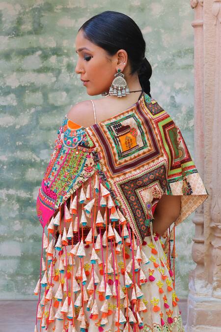 Ankur J_Multi Color Cape And Bustier Cotton Silk Printed Abstract Asymmetric Lehenga Set _at_Aza_Fashions