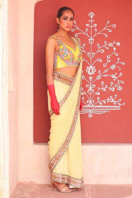 Shop_Ankur J_Gold Blouse Crepe Printed Geometric V Pre-draped Saree With Embroidered Bustier _Online_at_Aza_Fashions