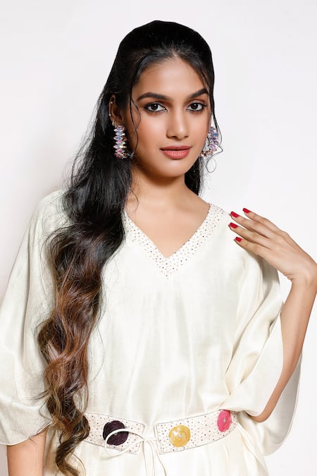 Kressa White Silk, Crepe Embroidery V-neck Geometric Embellished Poncho Set Online at Aza Fashions Kressa_White Silk, Crepe Embroidery V-neck Geometric Embellished Poncho Set_Online_at_Aza_Fashions