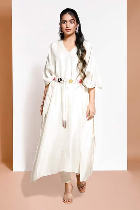 Buy Kressa White Silk, Crepe Embroidery V-neck Geometric Embellished Poncho Set Online at Aza Fashions Buy_Kressa_White Silk, Crepe Embroidery V-neck Geometric Embellished Poncho Set_Online_at_Aza_Fashions