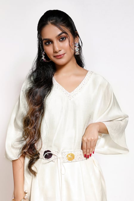 Shop Kressa White Silk, Crepe Embroidery V-neck Geometric Embellished Poncho Set Online at Aza Fashions Shop_Kressa_White Silk, Crepe Embroidery V-neck Geometric Embellished Poncho Set_Online_at_Aza_Fashions