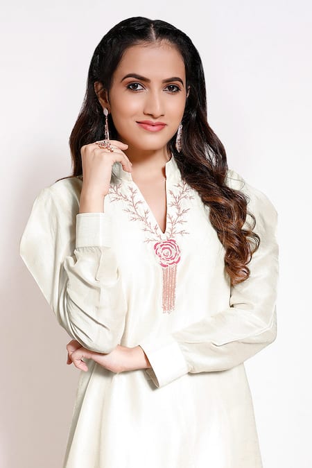 Shop Kressa White Silk, Crepe Tassels, Embroidery Bandeau Neck Puff Sleeve Kurta And Pant Set Online at Aza Fashions Shop_Kressa_White Silk, Crepe Tassels, Embroidery Bandeau Neck Puff Sleeve Kurta And Pant Set_Online_at_Aza_Fashions