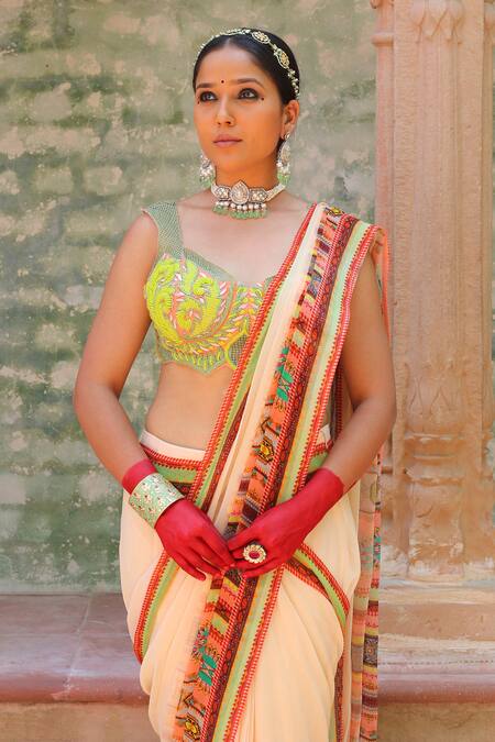 Ankur J_Peach Blouse Crepe Printed Architectural V Pre-draped Saree With Embroidered _at_Aza_Fashions