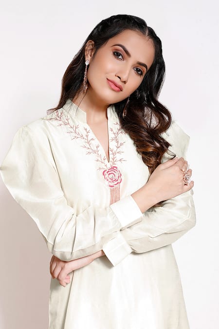 Kressa White Silk, Crepe Tassels, Embroidery Bandeau Neck Puff Sleeve Kurta And Pant Set at Aza Fashions Kressa_White Silk, Crepe Tassels, Embroidery Bandeau Neck Puff Sleeve Kurta And Pant Set_at_Aza_Fashions