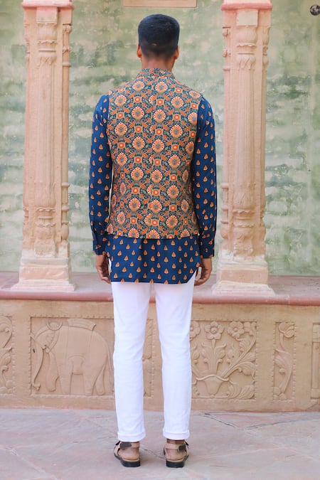 Shop_Ankur J_Blue Cotton, Silk Embroidery Printed Kurta Set With Waistcoat _at_Aza_Fashions