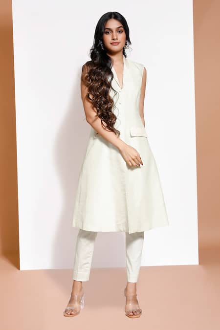 Shop_Kressa_White Crepe, Silk, Cotton Sequins Embellished Blazer And Pant Set _at_Aza_Fashions
