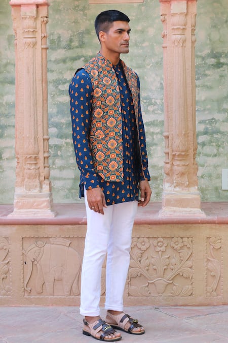 Ankur J_Blue Cotton, Silk Embroidery Printed Kurta Set With Waistcoat _Online_at_Aza_Fashions