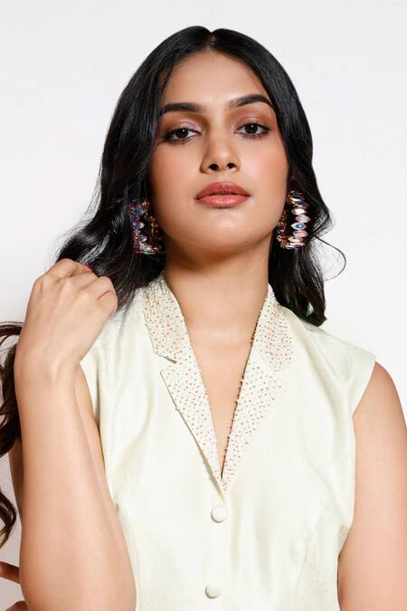 Buy_Kressa_White Crepe, Silk, Cotton Sequins Embellished Blazer And Pant Set _Online_at_Aza_Fashions