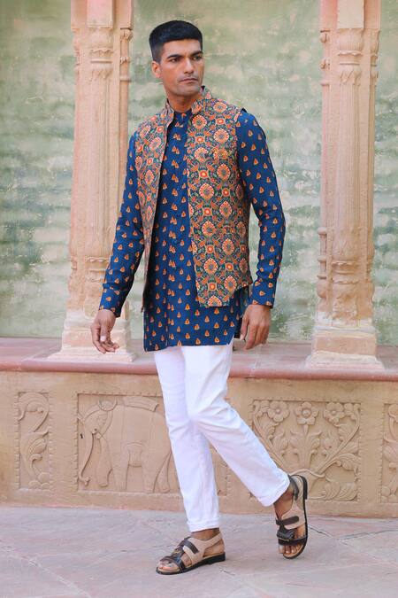 Buy_Ankur J_Blue Cotton, Silk Embroidery Printed Kurta Set With Waistcoat _Online_at_Aza_Fashions