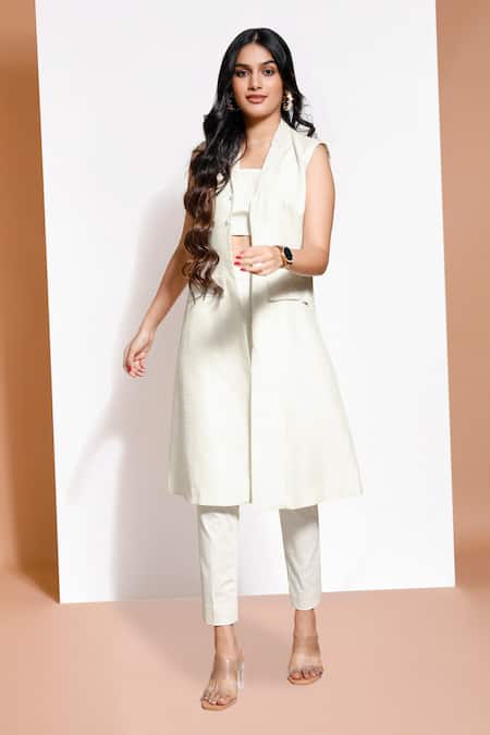 Shop_Kressa_White Crepe, Silk, Cotton Sequins Embellished Blazer And Pant Set _Online_at_Aza_Fashions
